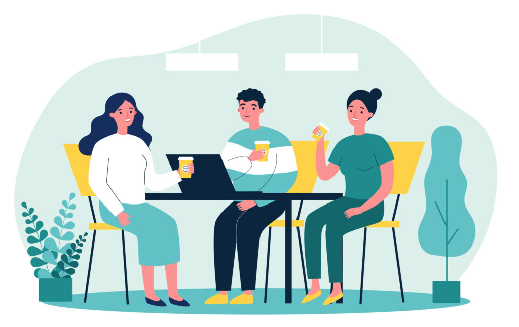 three people sitting in front of a laptop drinking coffee