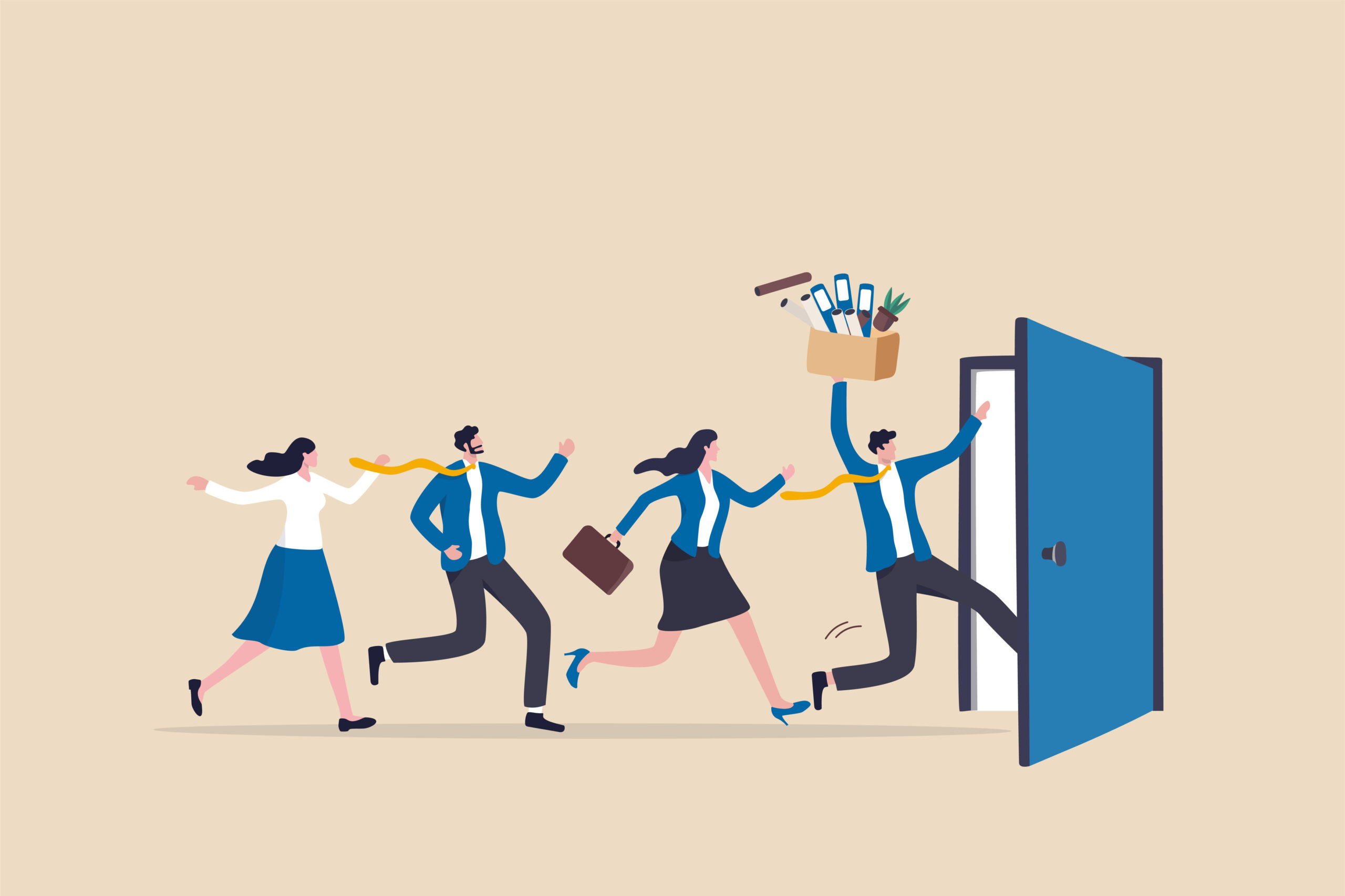 four animated people running towards a door with their briefcase and box of items