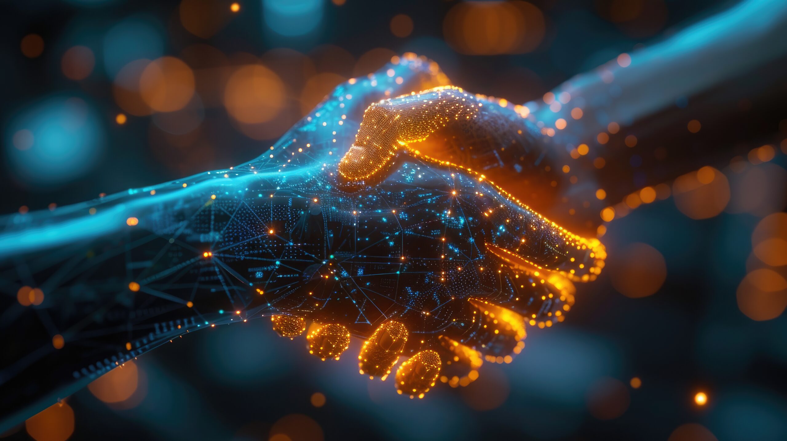 handshake, one hand is mechanical, one is human